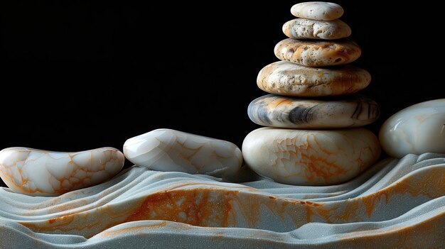 Photo stacked smooth pebbles on rippling sand under soft lighting in a tranquil setting