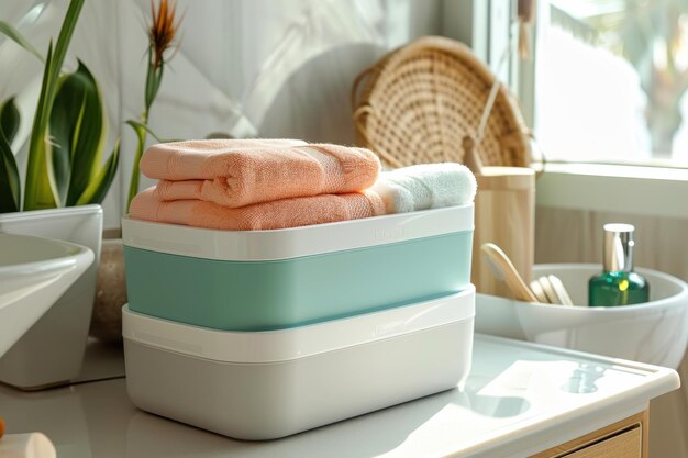 Stacked soft towels in a bright bathroom with natural light