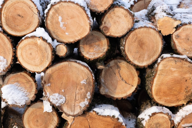 Stacked stacks of firewood. Firewood under the snow. Chopped trunks. background, texture