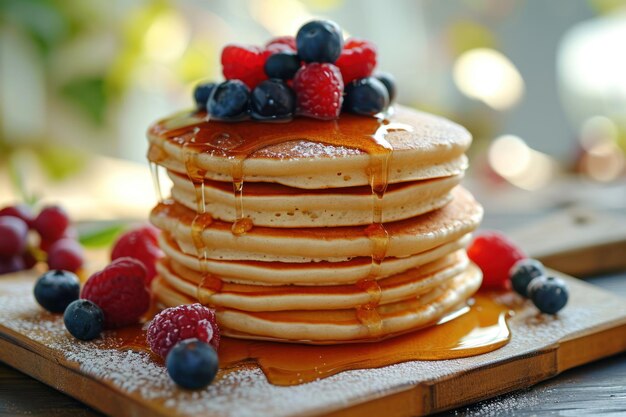 stacked stacks of pancakes with berries in honey syrup on a wooden board