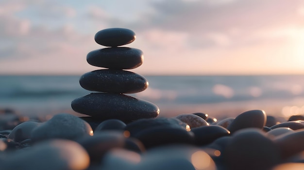 Photo stacked stones on beach at sunrise