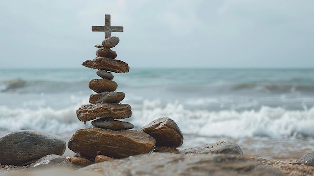 Stacked Stones Cross on Beach Tranquil Scene Photo