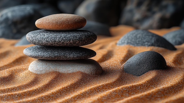 Stacked stones on sandy surface symbolizing tranquility and balance