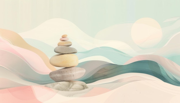 Photo stacked stones on a serene beach with gentle waves and a pastel sunset