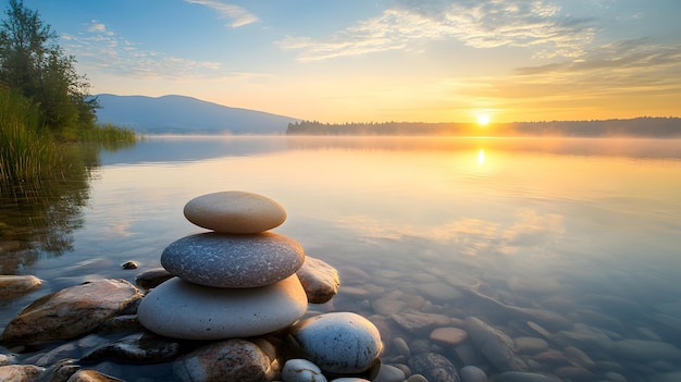 Stacked Stones on the Shoreline of a Foggy Lake at Sunrise