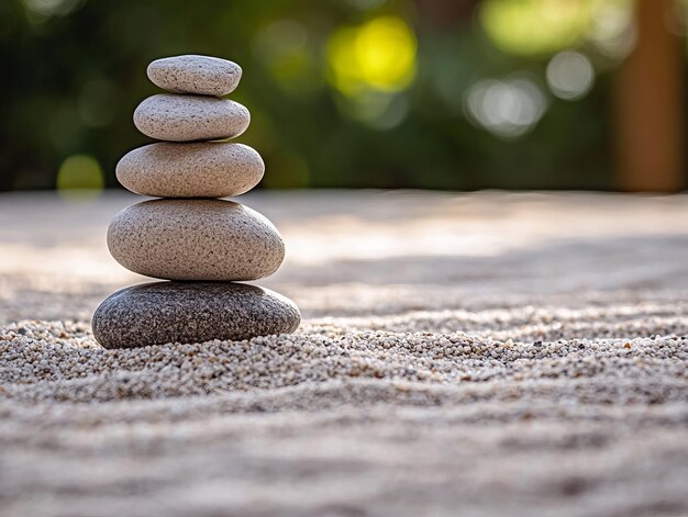 Stacked stones on white sand with a blurred green background