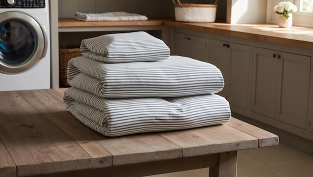 Stacked striped blankets on a wooden table in a cozy interior