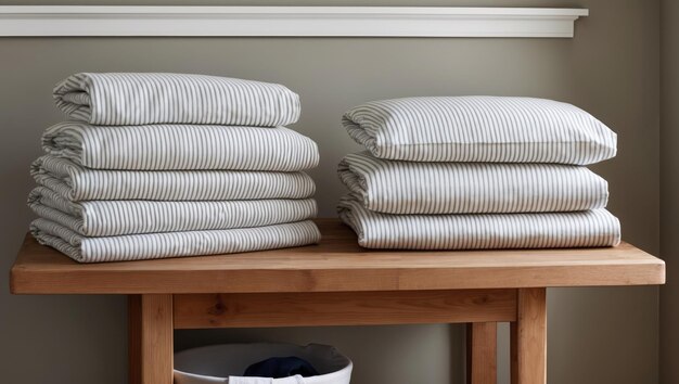 Stacked striped blankets on a wooden table in a cozy interior