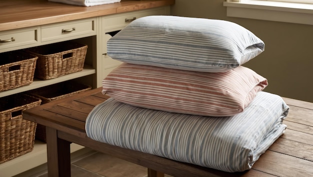 Stacked striped blankets on a wooden table in a cozy interior