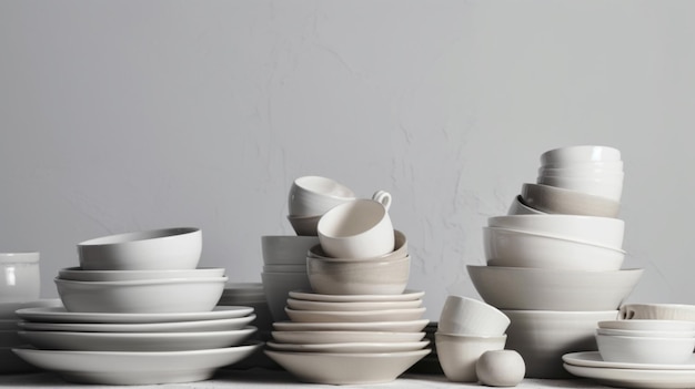 Stacked tableware on white background