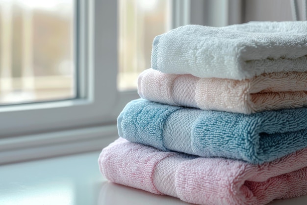 Stacked towels on table by window in electric blue color