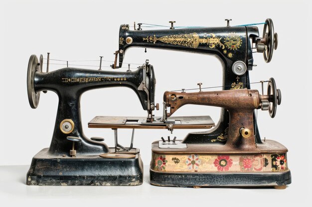 Photo stacked vintage sewing machines isolated in transparent background