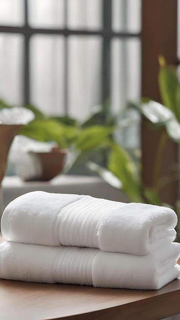 Stacked white spa towels on table against blurred background