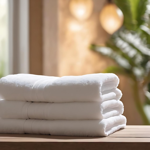 Stacked white spa towels on table against blurred background