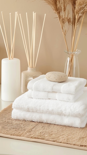 Photo stacked white towels with a brown towel underneath a diffuser with wooden sticks and smooth stones on a white surface in front of a white wall