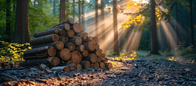 Photo stacked wood logs in a forest clearing at sunset