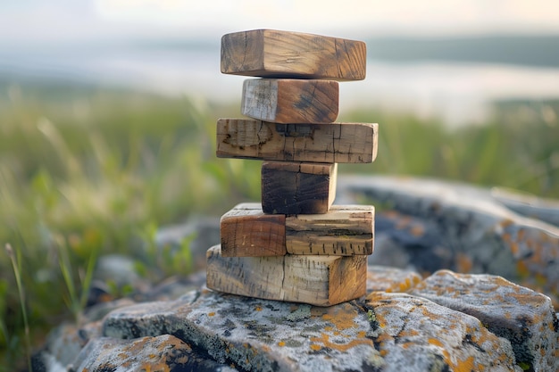 Photo stacked wooden blocks on a natural landscape