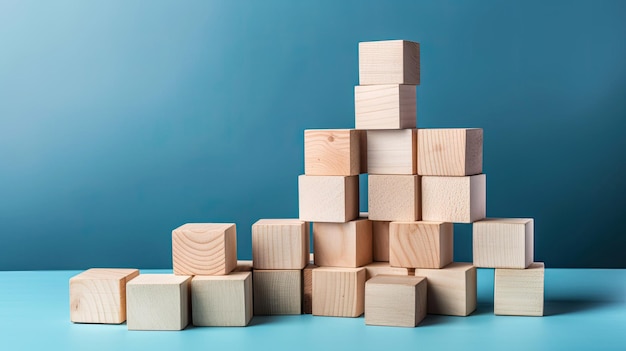 Stacked wooden blocks on wooden desk against blue background with Generative AI Technology