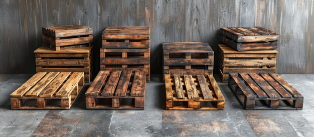 Photo stacked wooden pallets and crates against a rustic background