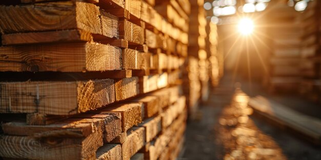 Photo stacked wooden planks in a warehouse at sunset