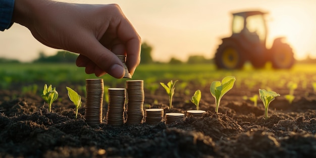 Photo stacking coins in soil with growing plants agricultural investment concept farming prosperity