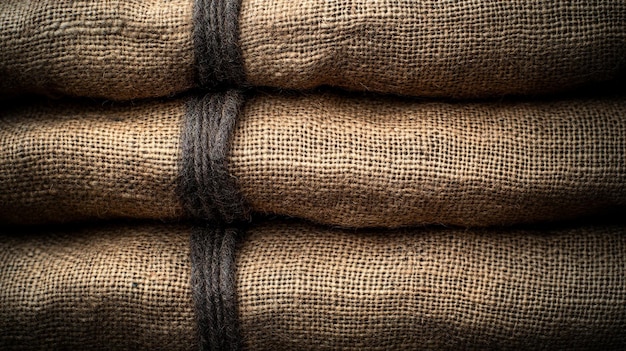 Stacks of burlap sacks are neatly arranged in a dimly lit warehouse casting shadows that emphasize