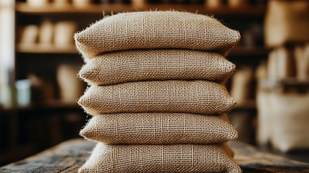 Photo stacks of burlap sacks are neatly arranged in a dimly lit warehouse casting shadows that emphasize