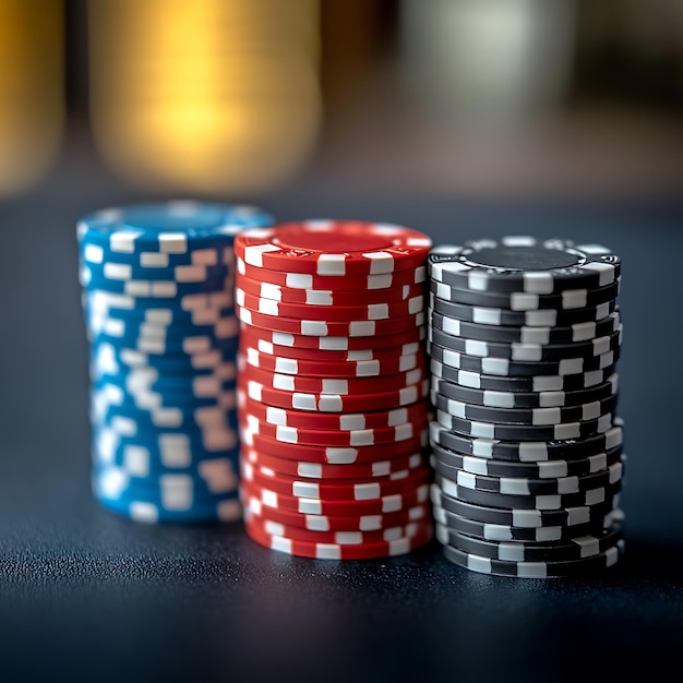 Stacks of Casino Chips in Blue Red and Black