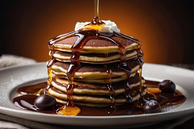 Stacks of chocolate pancakes with syrup