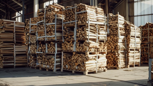 Photo stacks of chopped firewood carefully organized in an industrial warehouse ready for shipment or use displaying efficiency and order