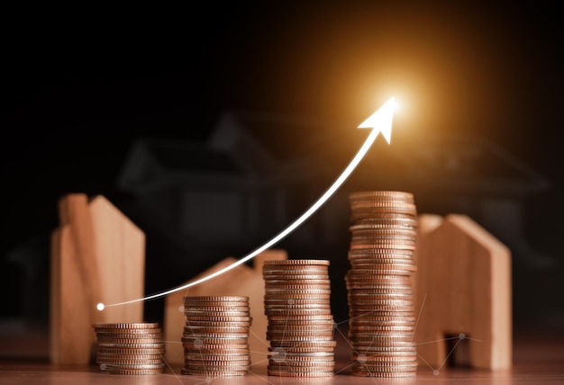 Stacks of coins are arranged in a ladder with an arrow pointing to the top and a wooden house is placed in the background Against a black background Investment ideas for real business estate growth