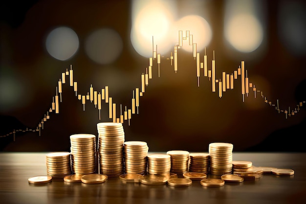 Stacks of coins in ascending order on table closeup Generative AI