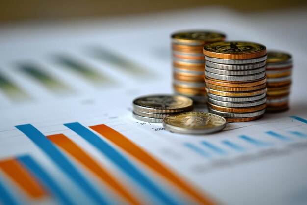 Photo stacks of coins on financial charts reflecting economic growth and analysis