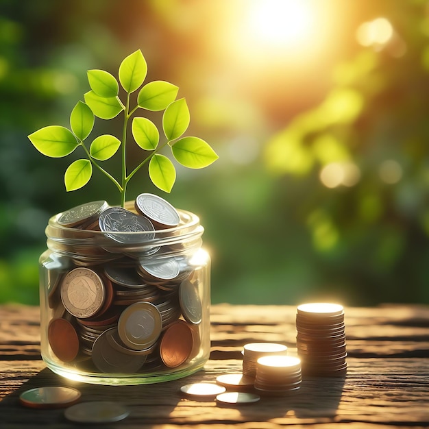 Stacks of coins and savings jar with tree growing on the top growth investing profit concept