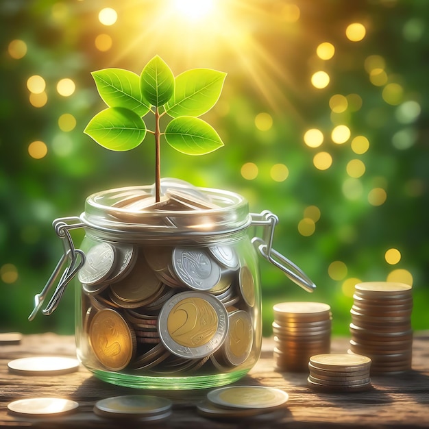 Stacks of coins and savings jar with tree growing on the top growth investing profit concept