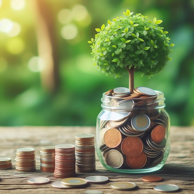 Stacks of coins and savings jar with tree growing on the top growth investing profit concept