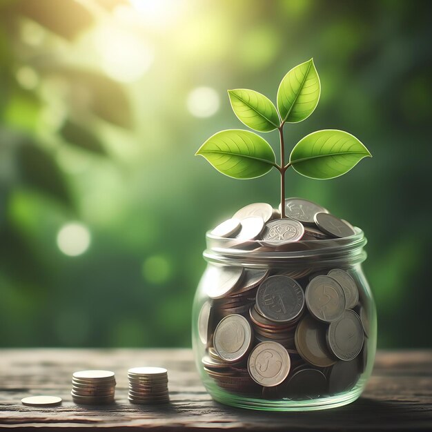 Stacks of coins and savings jar with tree growing on the top growth investing profit concept