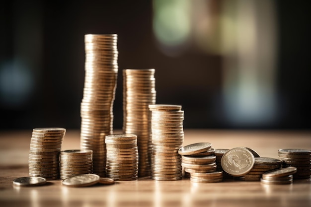 Stacks of coins on a table Generative AI