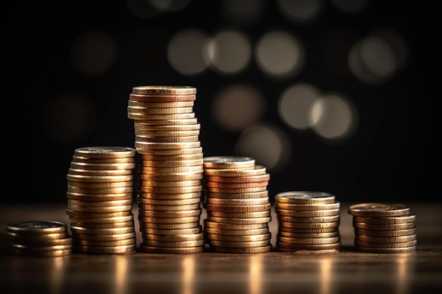 Stacks of coins on a table with a black background Generative AI