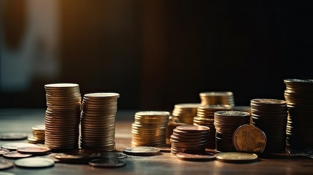 Stacks of coins on a table with one that says'gold '