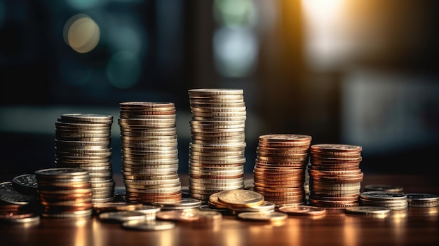 Stacks of coins on a table with one that says'gold '