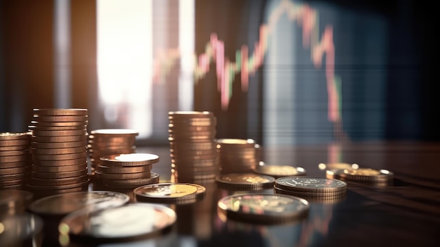 Stacks of coins on a table with a stock chart in the background