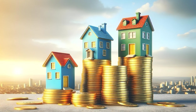 Stacks of coins with houses atop against a cityscape shortest with a blue house medium with a yell