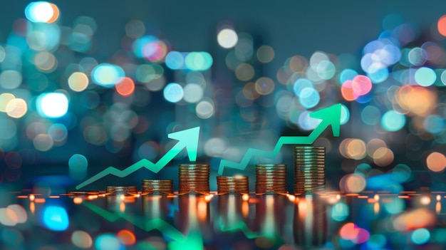 Stacks of coins with an upward arrow graph against a bokeh cityscape background financial growth and