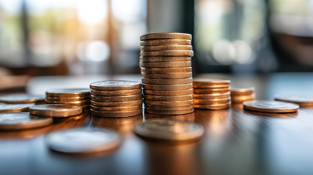 Stacks of Coins on a Wooden Table