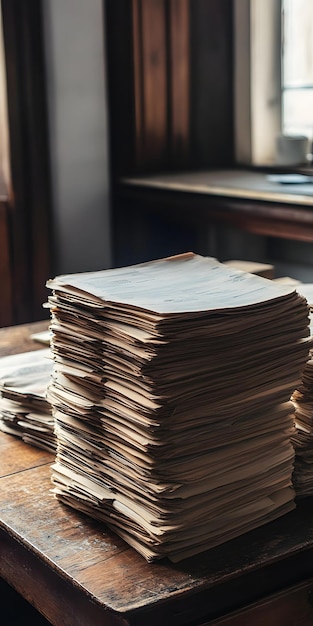 Stacks of financial reports on a wooden desk