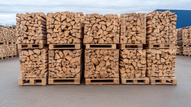 Photo stacks of firewood are organized on wooden pallets in a large indoor storage area showcasing an efficient preparation for seasonal use