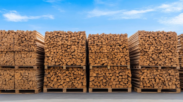 Photo stacks of firewood are organized on wooden pallets in a large indoor storage area showcasing an efficient preparation for seasonal use