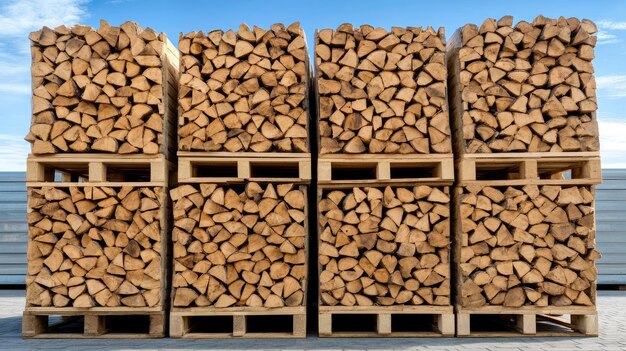 Photo stacks of firewood are organized on wooden pallets in a large indoor storage area showcasing an efficient preparation for seasonal use