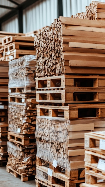 Photo stacks of firewood are organized on wooden pallets in a large indoor storage area showcasing an efficient preparation for seasonal use